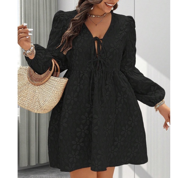 Plus Floral Print Lace Front Tie Puff Long Sleeve Dress - Picture 2 of 10